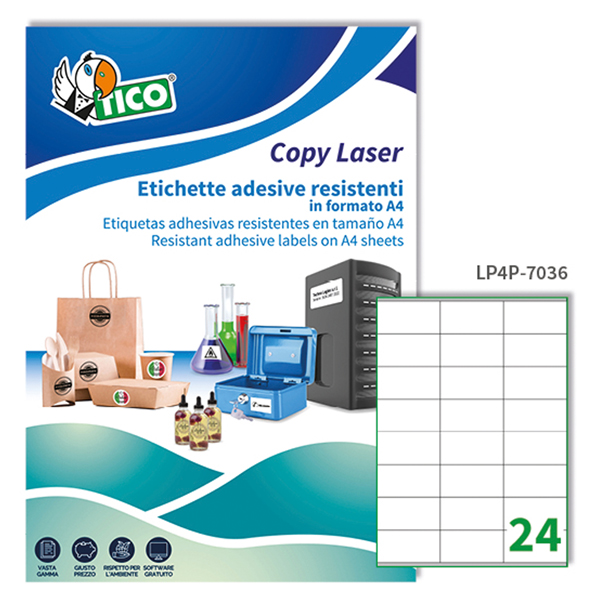  Etichette adesive LP4P - in poliestere - laser - permanenti - 70 x 36 mm - 24 et/fg - 70 fogli - bianco - Tico 