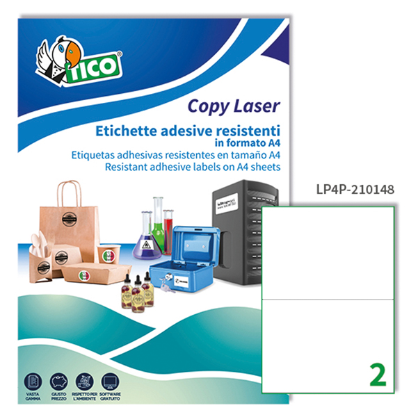  Etichette adesive LP4P - in poliestere - laser - permanenti - 210 x 148 mm - 2 et/fg - 70 fogli - bianco - Tico 
