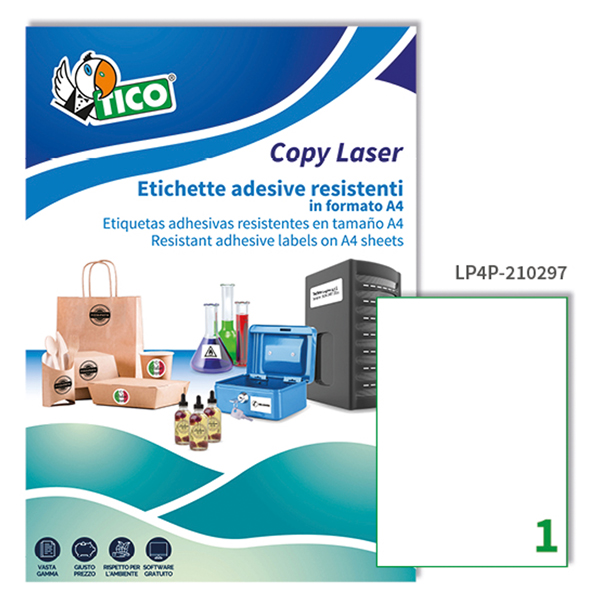  Etichette adesive LP4P - in poliestere - laser - permanenti - 210 x 297 mm - 1 et/fg - 70 fogli - bianco - Tico 
