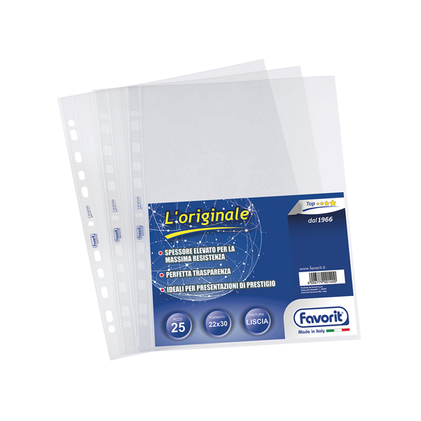  Buste forate L'Originale - Top - liscio - 22 x 30 cm - trasparente - Favorit - conf. 25 pezzi 