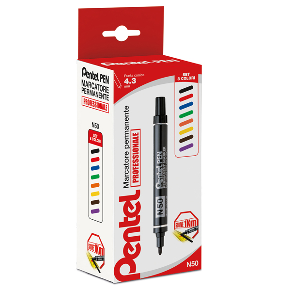  Marcatore permanente N50 - punta tonda - astuccio 8 colori assortiti - Pentel 
