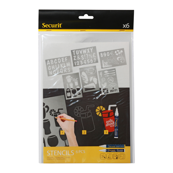  Stencil trasparenti assortiti (lettere, numeri, forme) - 32 x 22 cm - Securit - set 6 pezzi 