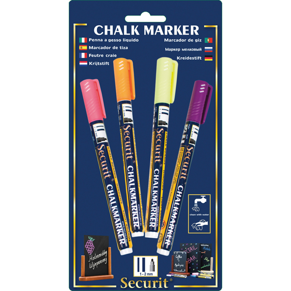  Marcatore a gesso liquido - punta fine da 1,00-2,00mm - colore assortiti tropical - Securit - conf. 4 pezzi 