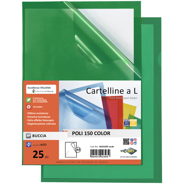  Cartellina a L Poli 150 Color - A4 - PP - buccia pesante - verde - Sei Rota - conf. 25 pezzi 