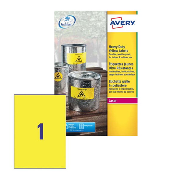  Etichette adesive L6111 - in poliestere - laser - permanenti - 210 x 297 mm - 1 et/fg - 20 fogli - giallo fluo - Avery 
