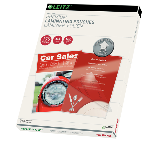  Pouches ILam - A3 - 303x426 mm - 2x175 micron - Leitz - conf. 100 pezzi 