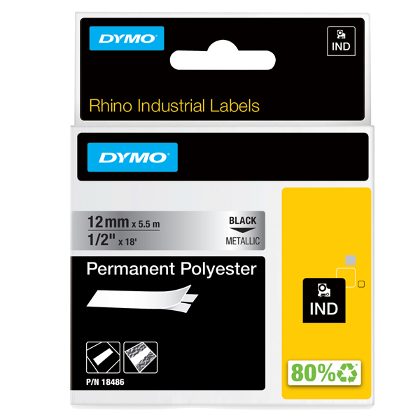  Nastro Rhino 18486 - 12 mm x 5,5 mt - poliestere - permanente - nero/metallo - Dymo 