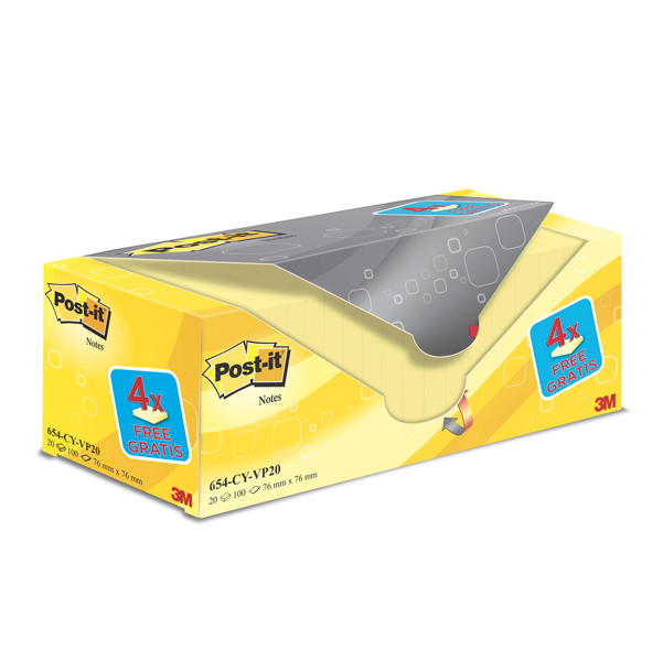  Blocco foglietti Post-it - 654CY-VP20 - 76 x 76 mm - 72 gr - giallo Canary - Post-it - conf. 20 blocchi 