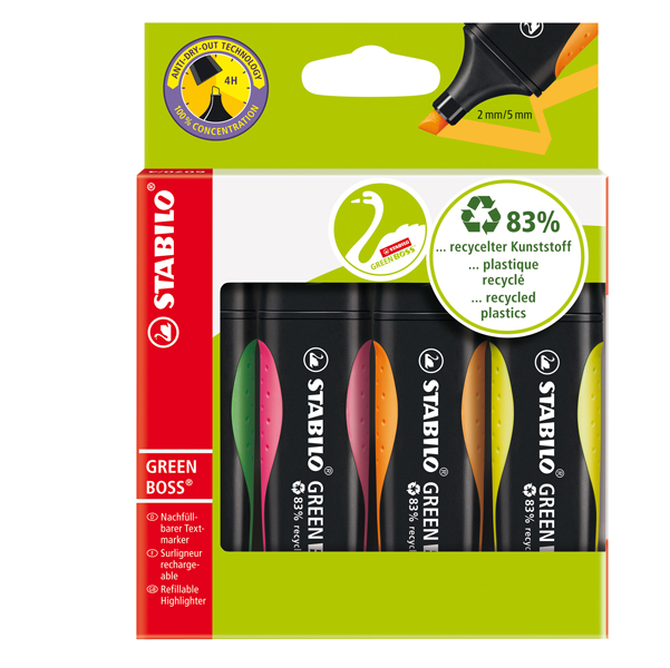  Evidenziatore Green Boss - punta a scalpello - tratto 2 - 5 mm - colori assortiti - 83% plastica riciclata - Stabilo - astuccio 4 pezzi 