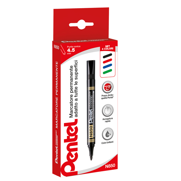  Marcatore permanente N850 - punta tonda - astuccio 4 colori assortiti - linea Amiko - Pentel 