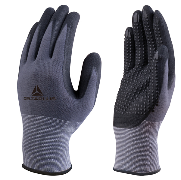  Guanti di precisione VE727NO - poliammide - palmo in nitrile/poliuretano - grip sul palmo - taglia 10 - grigio/nero - Deltaplus 