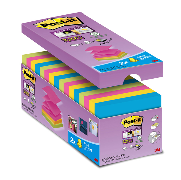  Blocchetto Post-it Super Sticky Z Notes - R-330-SS-VP16 - per dispenser - 76 x 76 mm - 90 fogli - Post-it - conf. 16 blocchi 