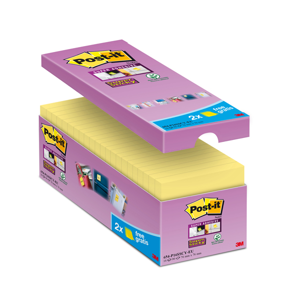 Blocco foglietti Post-it Super Sticky - 654-SSCY-VP16-EU - 76 x 76 mm - giallo Canary - 90 fogli - Post-it - conf. 16 blocchi 