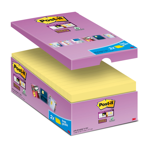  Blocco foglietti Post-it Super Sticky - 655-SSCY-VP16-EU - 76 x 127 mm - giallo Canary - 90 fogli - Post-it - conf. 16 blocchi 