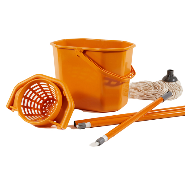  Kit per pavimenti Secchiostrizza - secchio con strizzatore 12 L + mop 240 gr + manico da 130 cm - arancione - Perfetto 
