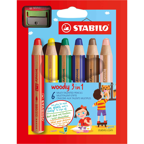  Pastelli Woody 3 in 1 - diametro mina 10 mm - con temperino - Stabilo - astuccio 6 pezzi 