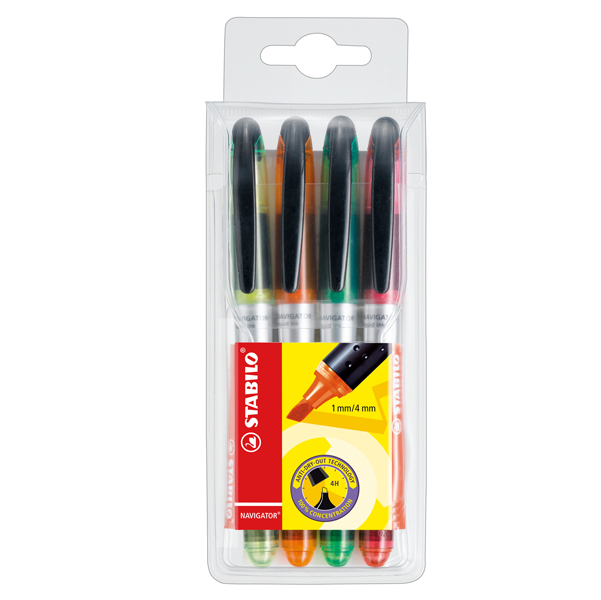  Evidenziatore Stabilo Navigator - punta a scalpello - tratto 1,00 - 4,00 mm - Stabilo - astuccio 4 pezzi 
