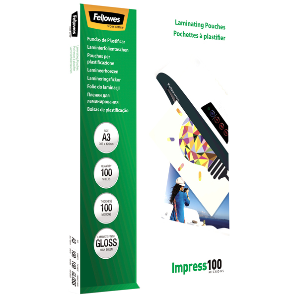  Pouches Impress100 - A3 -303x426 mm - 2x100 mic - Fellowes - scatola 100 pezzi 