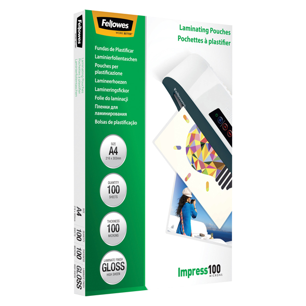  Pouches Impress100 - A4 - 216x303 mm - 2x100 micron - Fellowes - scatola 100 pezzi 