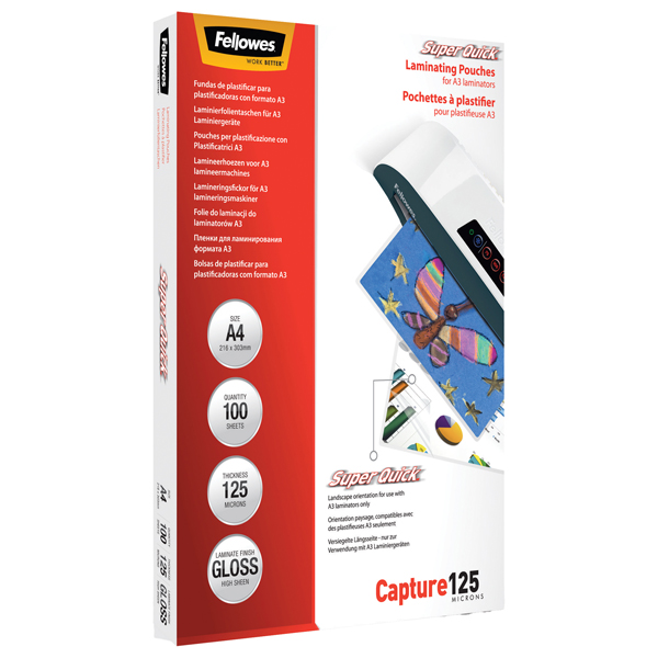  Pouches Capture125 Superquick - A4 - 216x303 mm - 2x125 micron - Fellowes - scatola 100 pezzi 