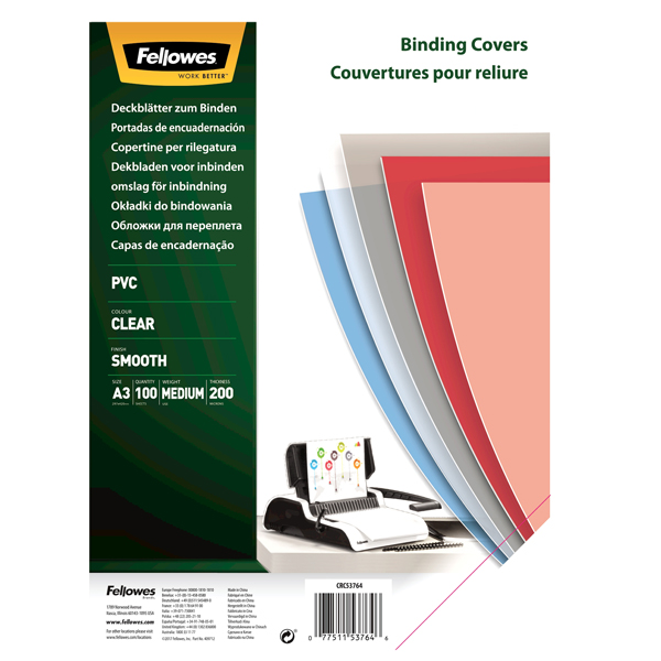  Copertine Clear - A3 - 200 micron - PVC - neutro trasparente - Fellowes - scatola 100 pezzi 