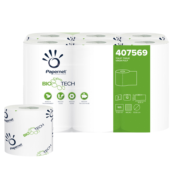  Carta igienica standard Bio Tech - 2 veli - 165 strappi - diametro 10 cm - 9,5 cm x 18,2 mt - Papernet - pacco 12 rotoli 