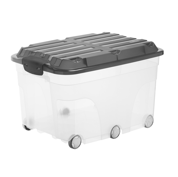  Contenitore Roller 6 - con ruote - 59,5x40x37 cm - 57 L - PPL - coperchio nero - trasparente - Rotho 