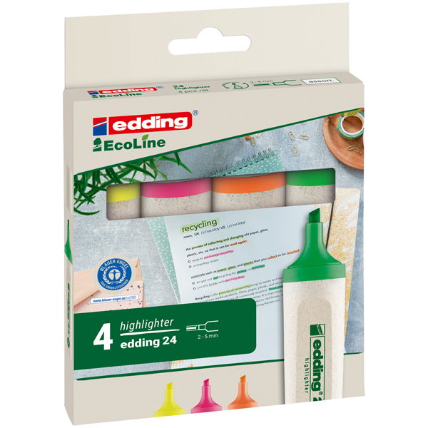  Evidenziatore 24 EcoLine - punta scalpello - da 2 a 5 mm - colori assortiti - Edding - astuccio 4 pezzi 