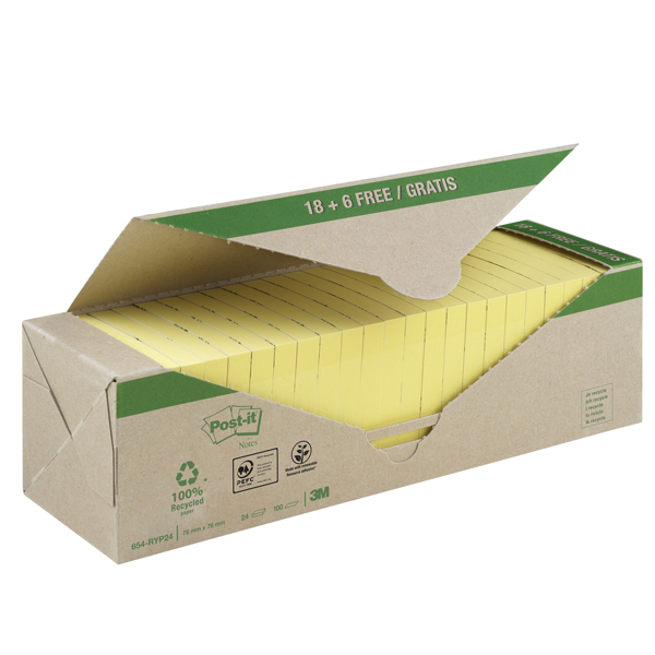  Blocco Post-it - 654-RYP24 - 76 x 76 mm - carta riciclata - giallo - 100 fogli - Post-it - conf. 24 blocchi 