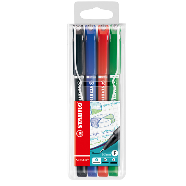  Fineliner Stabilo Sensor - tratto 0,3mm - 4 colori assortiti - Stabilo - conf. 4 pezzi 