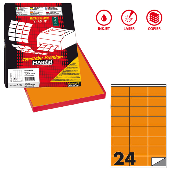  Etichette adesive C/500 - in carta - permanenti - 70 x 36 mm - 24 et/fg - 100 fogli - arancio fluo - Markin 