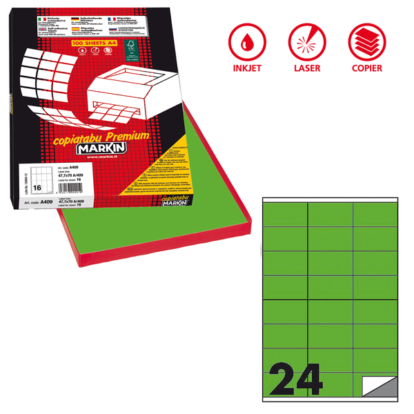  Etichette adesive C/500 - in carta - permanenti - 70 x 36 mm - 24 et/fg - 100 fogli - verde fluo - Markin 
