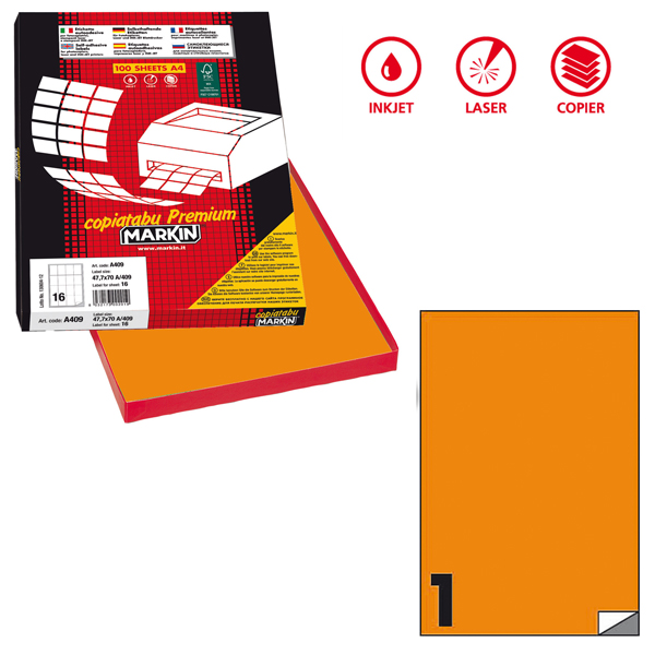  Etichette adesive C/503 - in carta - permanenti - 210 x 297 mm - 1 et/fg - 100 fogli - arancio fluo - Markin 