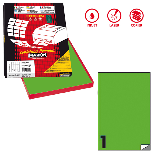  Etichette adesive C/503 - in carta - permanenti - 210 x 297 mm - 1 et/fg - 100 fogli - verde fluo - Markin 