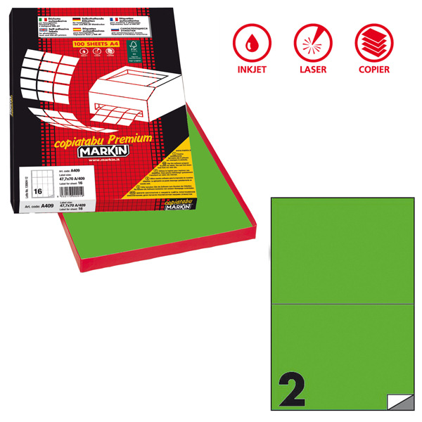  Etichette adesive C/509 - in carta - permanenti - 210 x 148,5 mm - 2 et/fg - 100 fogli - verde fluo - Markin 