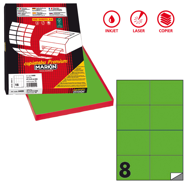  Etichette adesive C/512 - in carta - permanenti - 105 x 74,25 mm - 8 et/fg - 100 fogli - verde fluo - Markin 