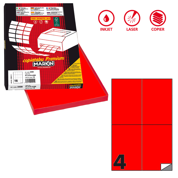  Etichette adesive C/519 - in carta - permanenti - 105 x 148,5 mm - 4 et/fg - 100 fogli - rosso fluo - Markin 
