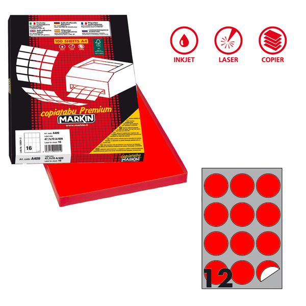 Etichette adesive R/310 - in carta - permanenti - tonde - diametro 60 mm - 12 et/fg - 100 fogli - rosso fluo - Markin 