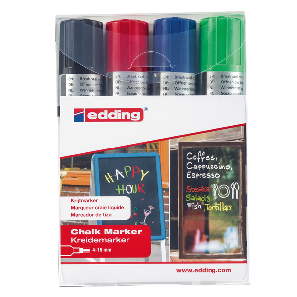  Marcatore a gesso liquido 4090 - punta scalpello - da 4 a 15mm - Edding - astuccio 4 pezzi 