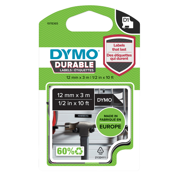  Nastro D1 Durable 1978365 - 12 mm x 3 mt - vinile - nero/bianco - Dymo 