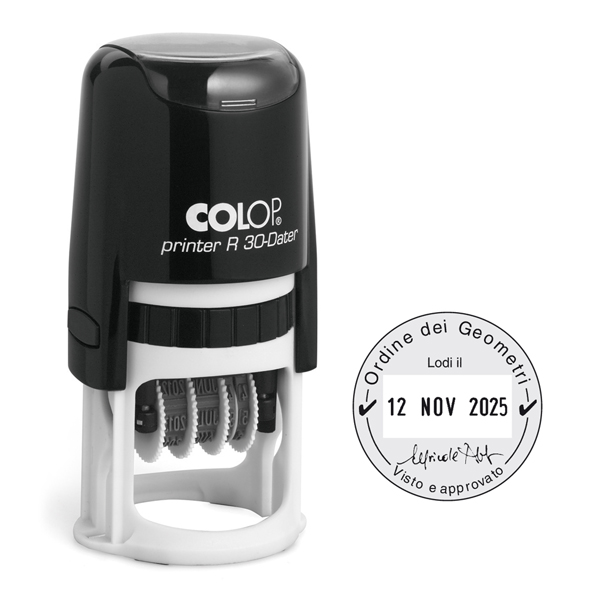  Timbro datario R30 - diametro 30 mm - 4 righe - autoinchiostrante - personalizzabile - Colop 