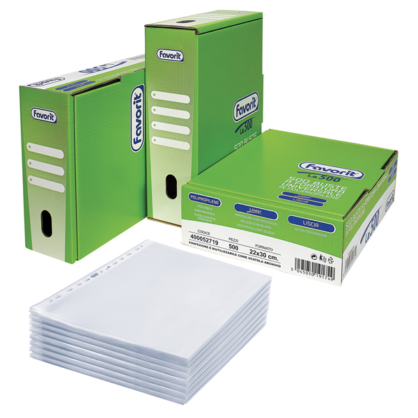  Buste forate La 500 - Linear - liscio - 22 x 30 cm - trasparente - Favorit - conf. 500 pezzi 