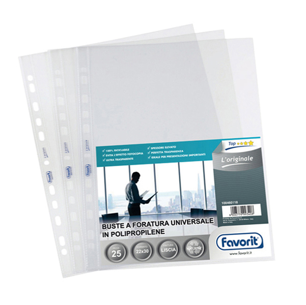  Buste forate L'Originale - Top - liscio - 30 x 42 cm (libro) - trasparente - Favorit - conf. 10 pezzi 