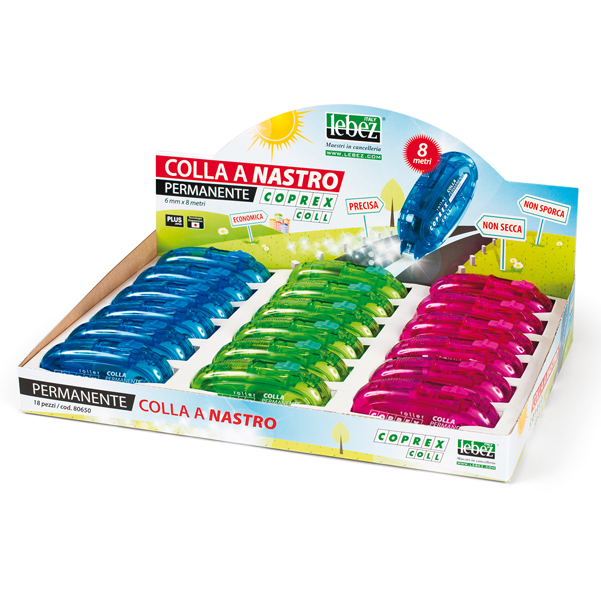  Colla a nastro Coprex - permanente - 6 mm x 8 mt - Lebez - expo 18 pezzi 