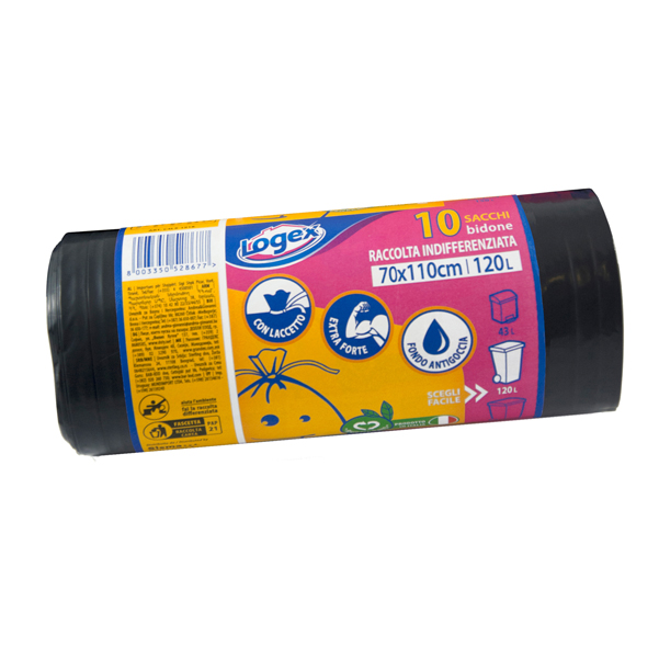  Sacchi per immondizia - 70x110 cm - 120 L - 43 micron - nero - Logex Professional - rotolo da 10 sacchetti 