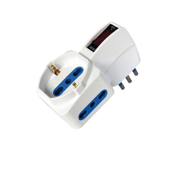  Adattatore con spina 10A verticale - 2 prese bipasso 10/16A + 1 presa Schuko - MKC 