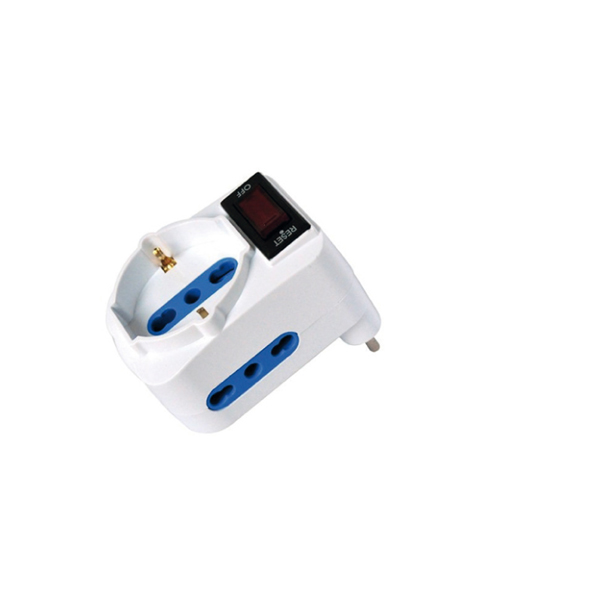  Adattatore con spina 10A orizzontale - 2 prese bipasso 10/16A + 1 presa Schuko - MKC 