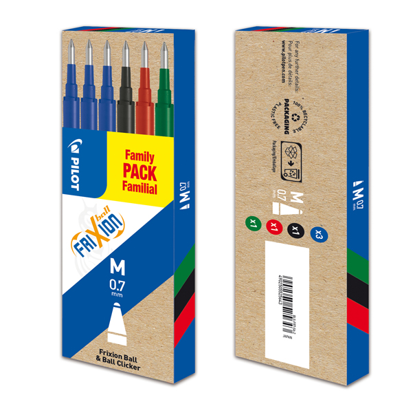  Refill a sfera Frixionball - punta 0,7mm - 3 blu, 1 nero, 1 rosso, 1 verde - Pilot - conf. 6 pezzi 