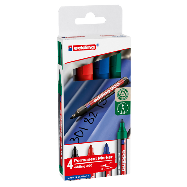  Marcatore permanente 300 - punta conica - da 1,5 a 3 mm - colori assortiti - Edding - astuccio 4 pezzi 