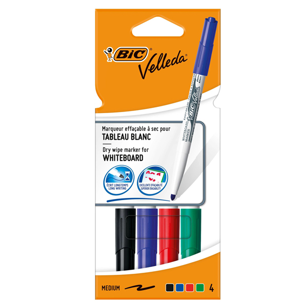  Pennarello Whiteboard Marker Velleda 1741 - punta tonda 1,4 mm - colori assortiti - Bic - astuccio 4 pezzi 